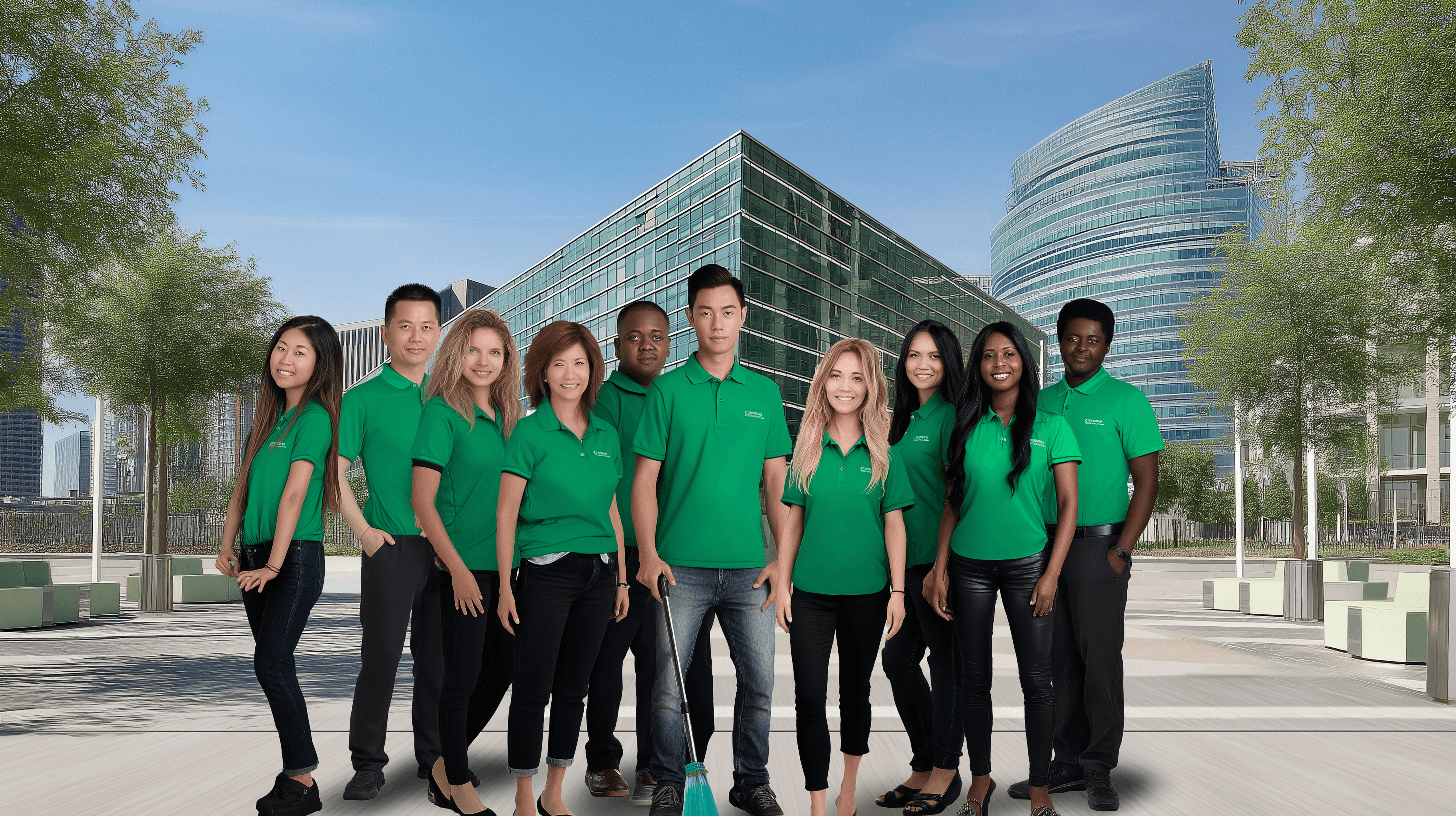 Staff group photo near company office